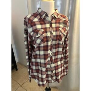 Harley-Davidson Women’s Maroon Plaid Long Sleeve Snap Shirt L Back Logo HD